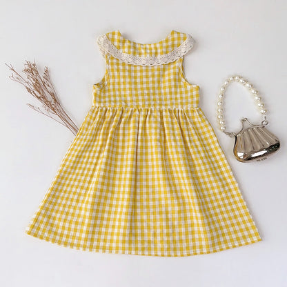 Girls' Plaid Pattern Lace Dress