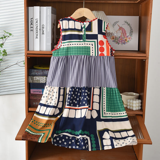 Girls' Geometry Print Color Blocking Sleeveless Dress