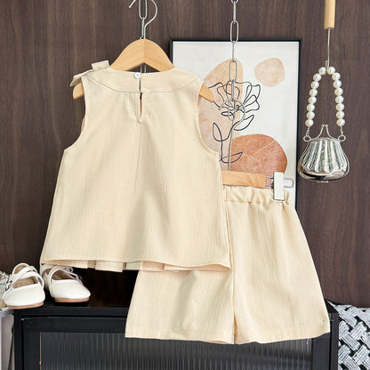 Girls' Bow-knot Top+shorts 2PCS Casual Set