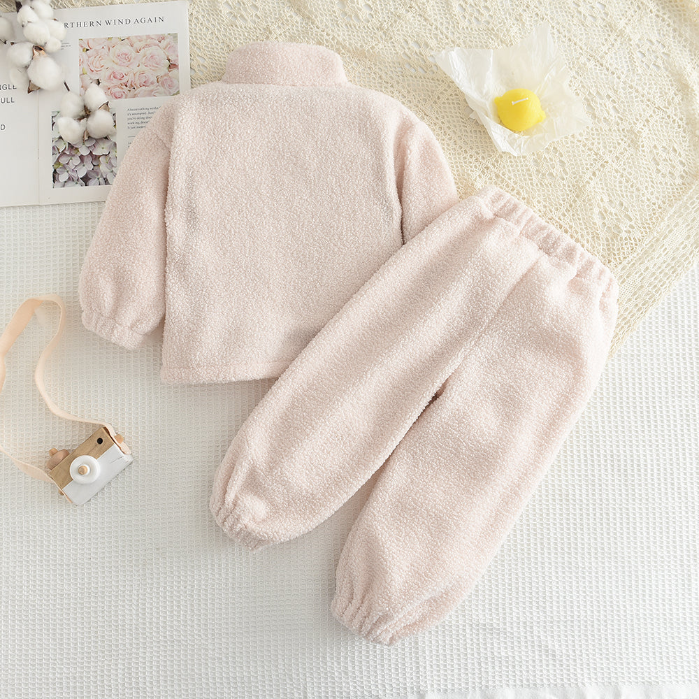 Girls' Letter Patch Zip Top+Trousers Fluffy Casual Set