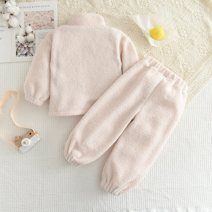 Girls' Letter Patch Zip Top+Trousers Fluffy Casual Set