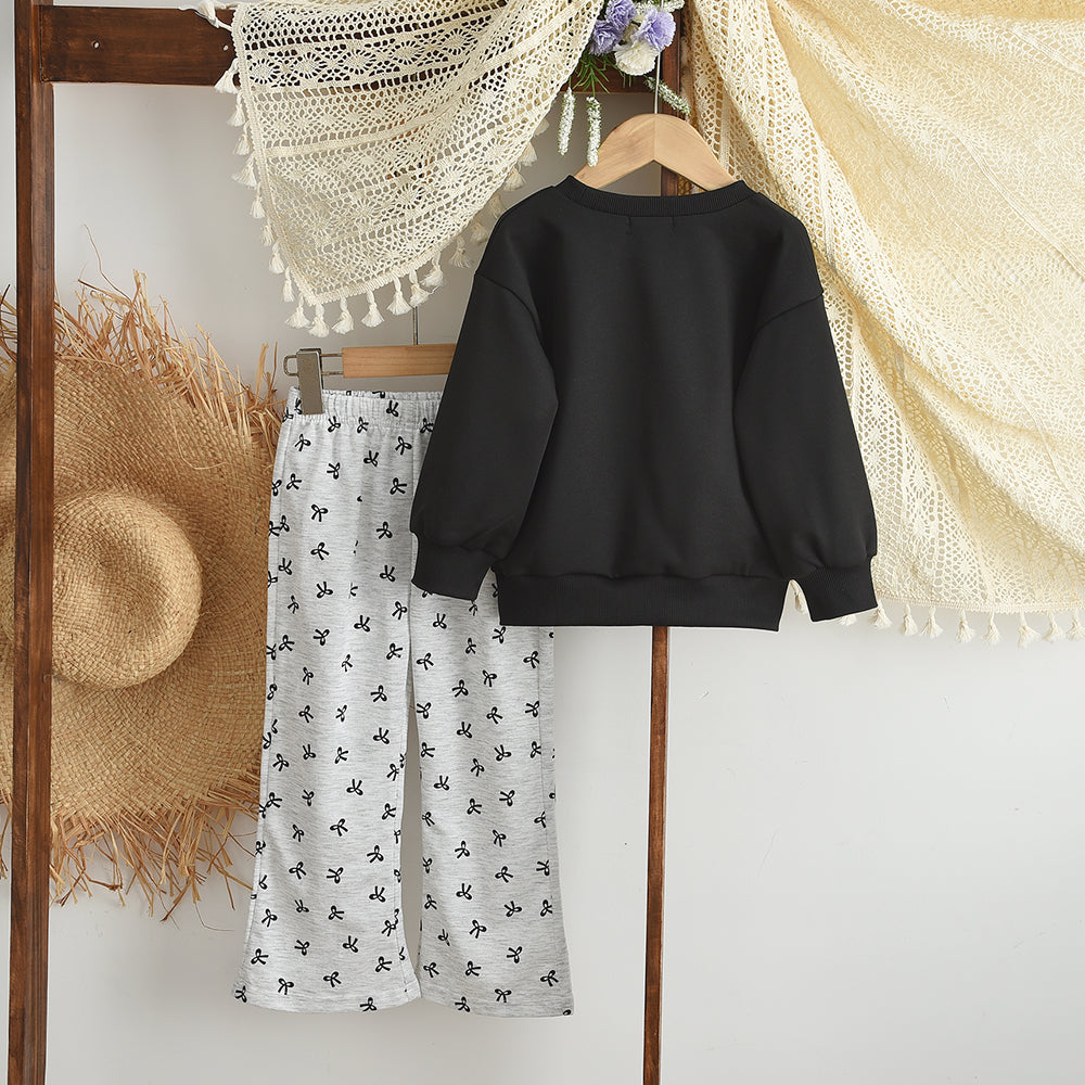 Girls' Lace Sweatshirt+Prints Flared Pants Cute Set