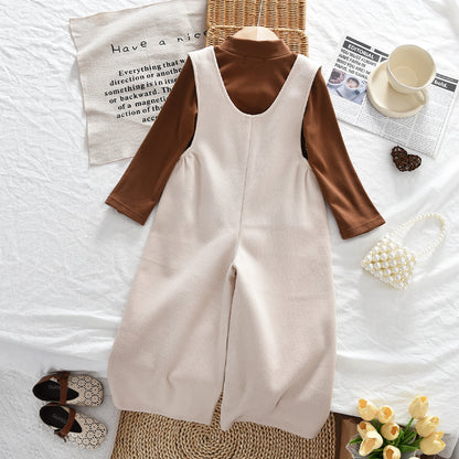 High Collar Stretchy Long Sleeve T-shirt+Suspender Trousers Girls' Set