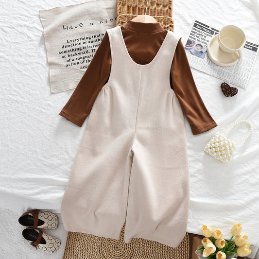 High Collar Stretchy Long Sleeve T-shirt+Suspender Trousers Girls' Set