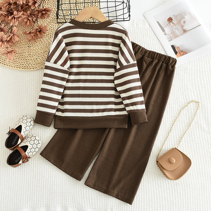 Girls' Contrast Colors Stripes Classic Casual Set