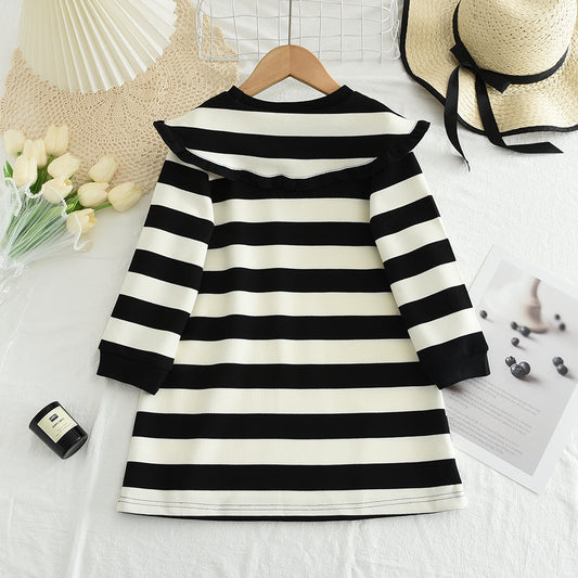 Girls' Stripes Large Lapel Casual Dress