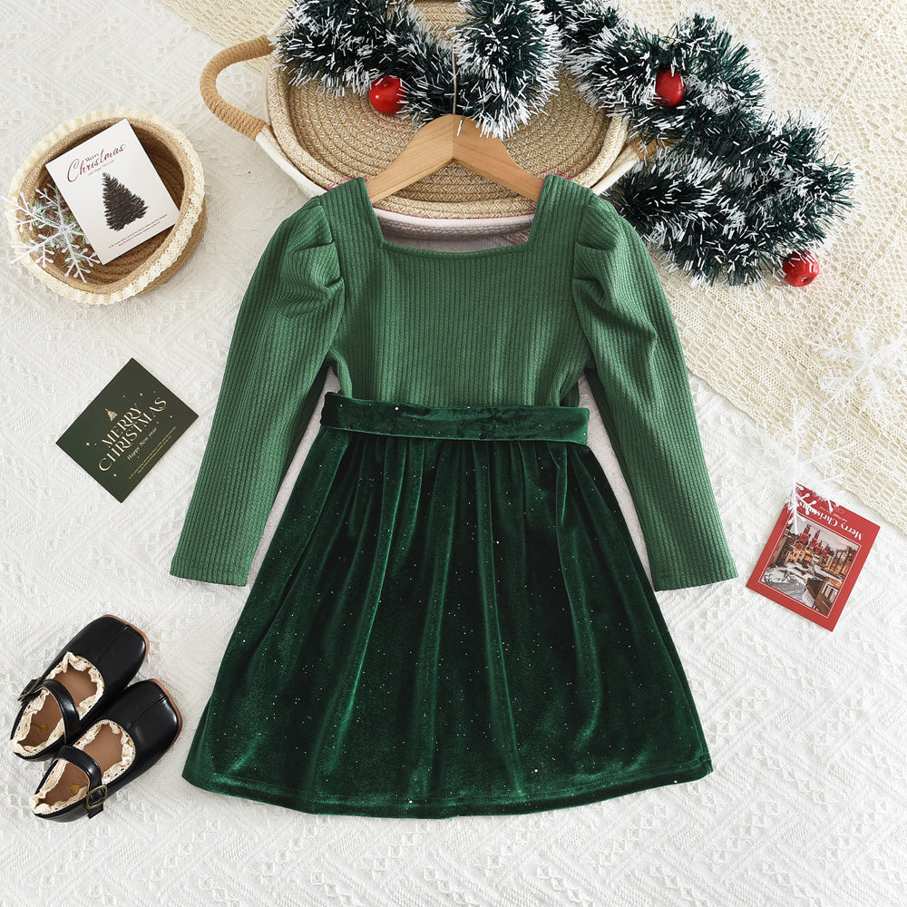 Girls' Velvet Patchwork Christmas Princess Dress