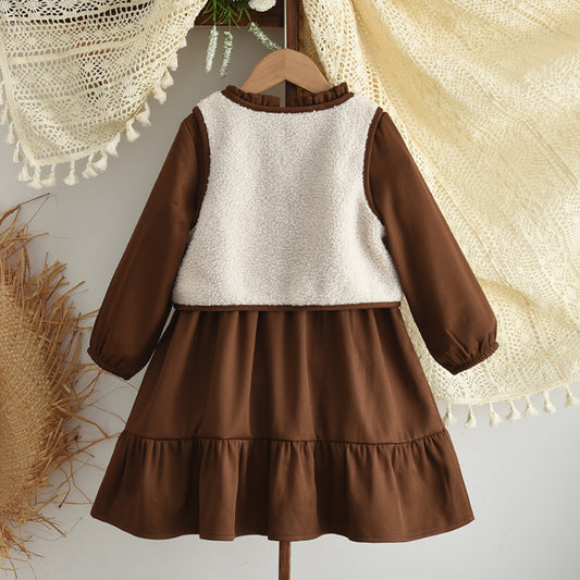 Ruffle Long Sleeve Dress+Fluffy Vest 2pcs Girls' Dress Set