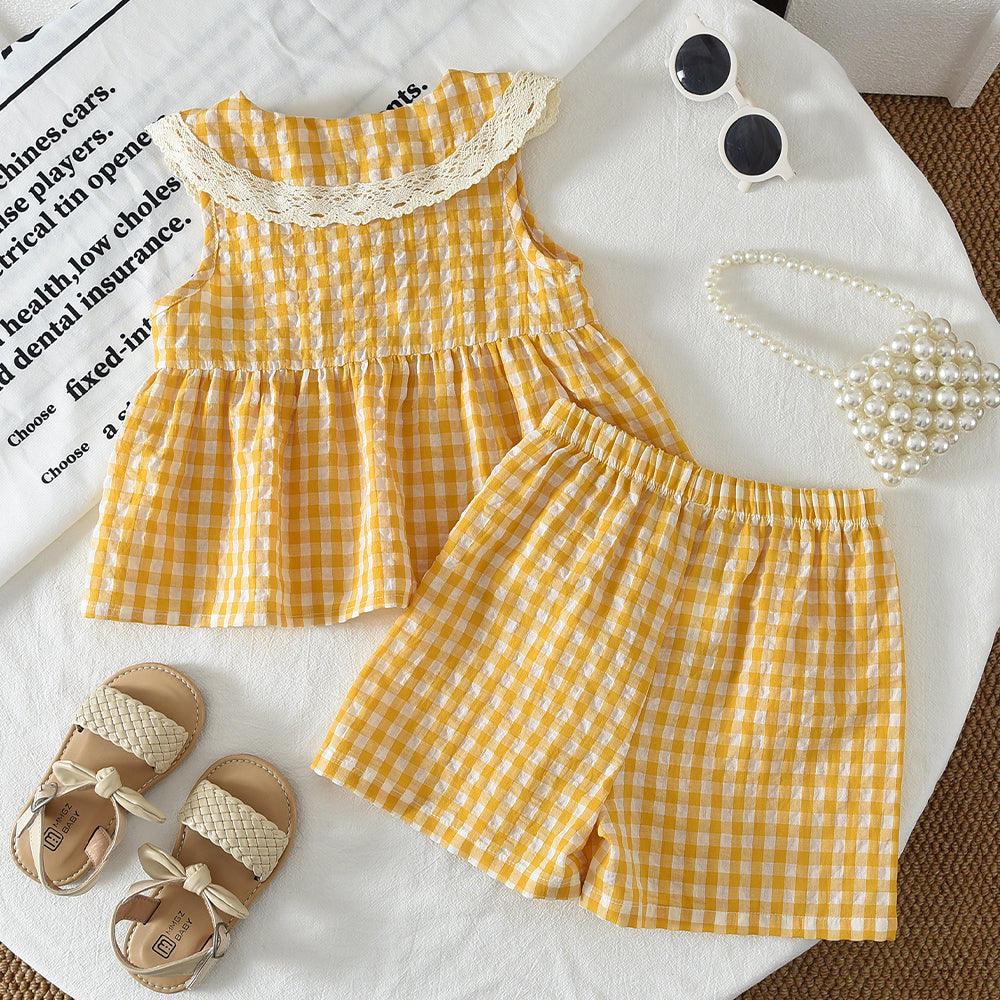 Lace Collar Plaid Sleeveless Shirt+Shorts Kid Girls' Cute Set