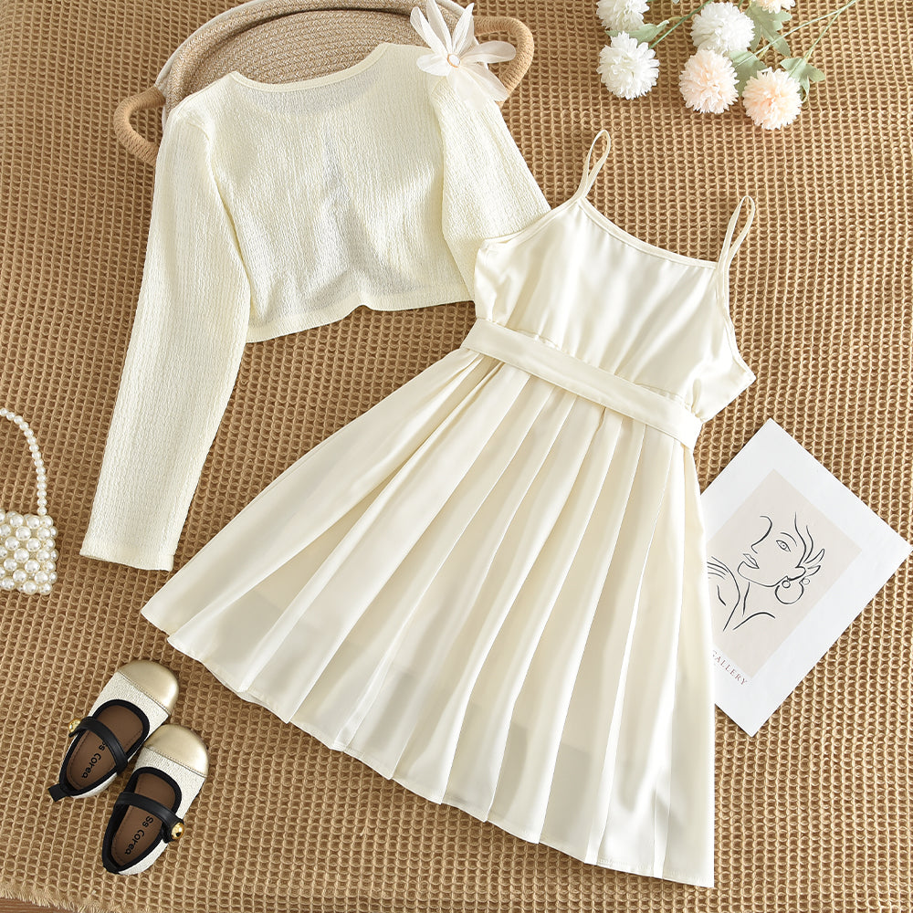 Girls' Simple Sundress+Flower Coat 2pcs Set