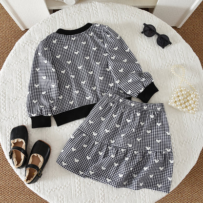 Girls' Cartoon Printing Cardigan Skirt 2pcs Plaid Set