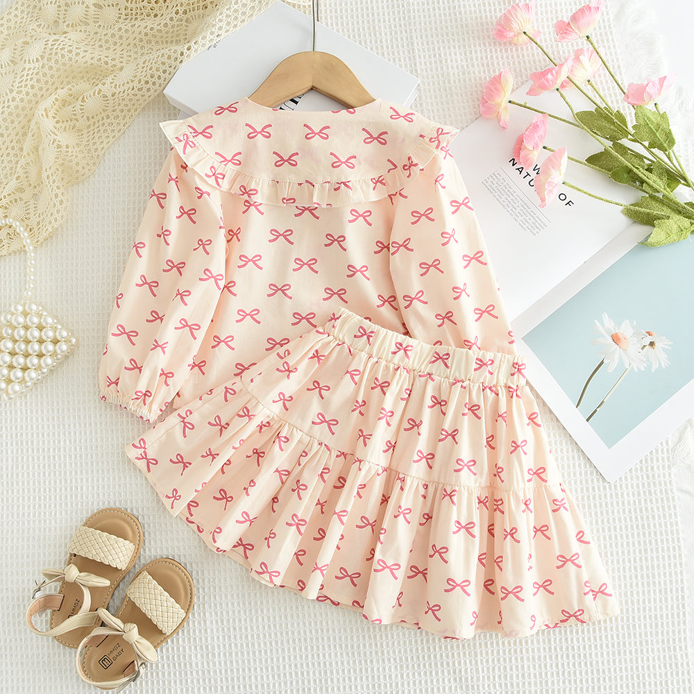 Girls' Bow-knot Printing Shirt+Patchwork Skirt Set
