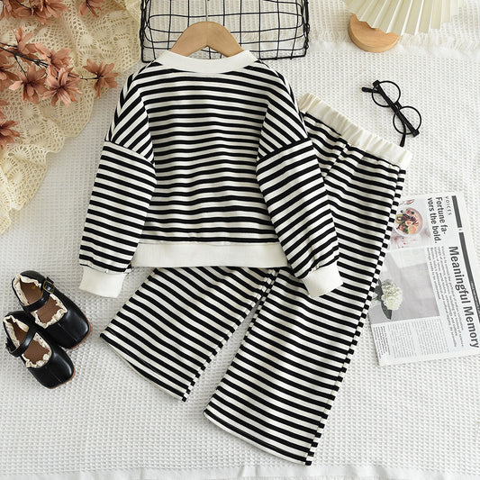 Girls' V-neck Stripes Trousers Casual Set