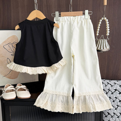 Girls' Bow-knot Lace Top+Trousers Princess Set