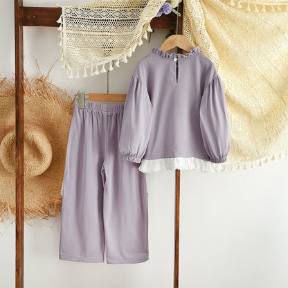 Girls' Ruffle Top+Wide Leg Trousers Lace Set