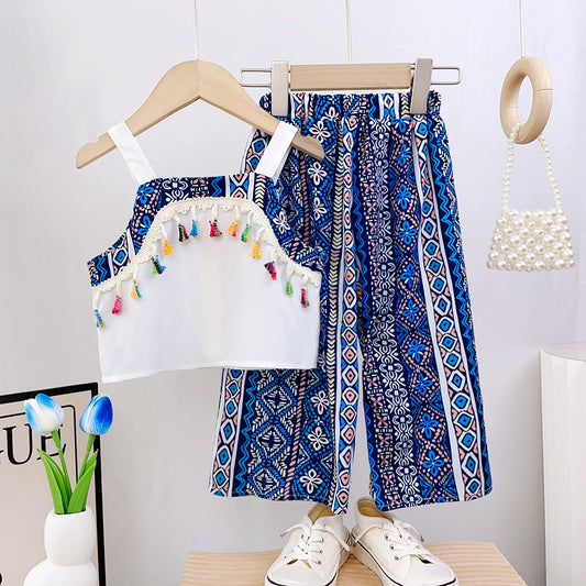 Girls' Ethnic Style Tassels Sun-top+Trousers Set