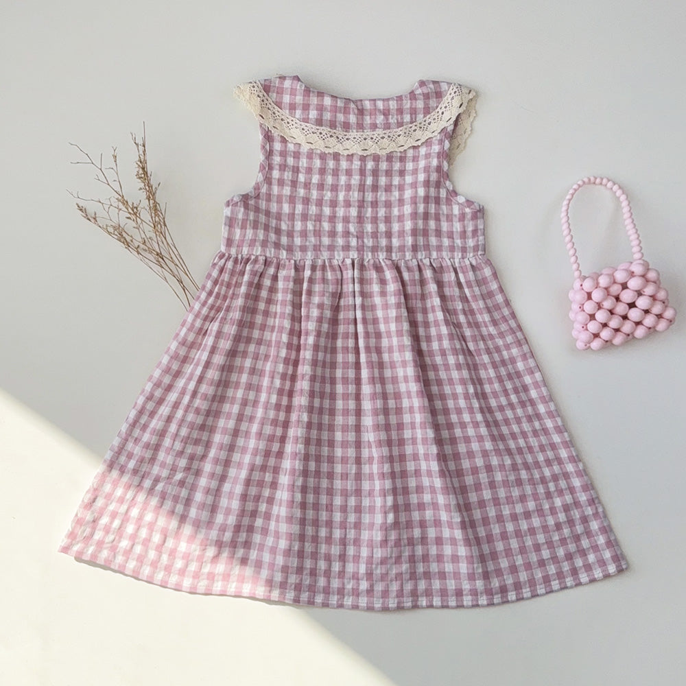 Girls' Plaid Pattern Lace Dress