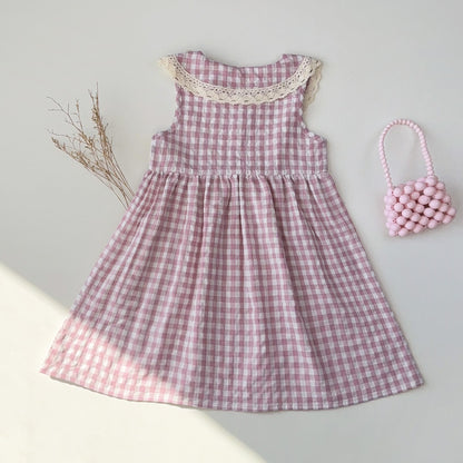 Girls' Plaid Pattern Lace Dress