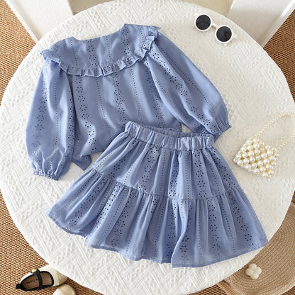 Girls' Floral Hollow-out Ruffle Set