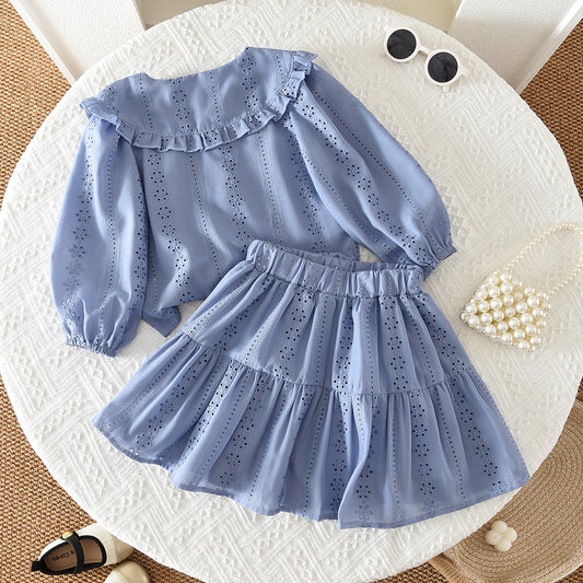 Girls' Floral Hollow-out Ruffle Set