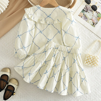 Girls' Bow-knot Printing Shirt+Patchwork Skirt Set