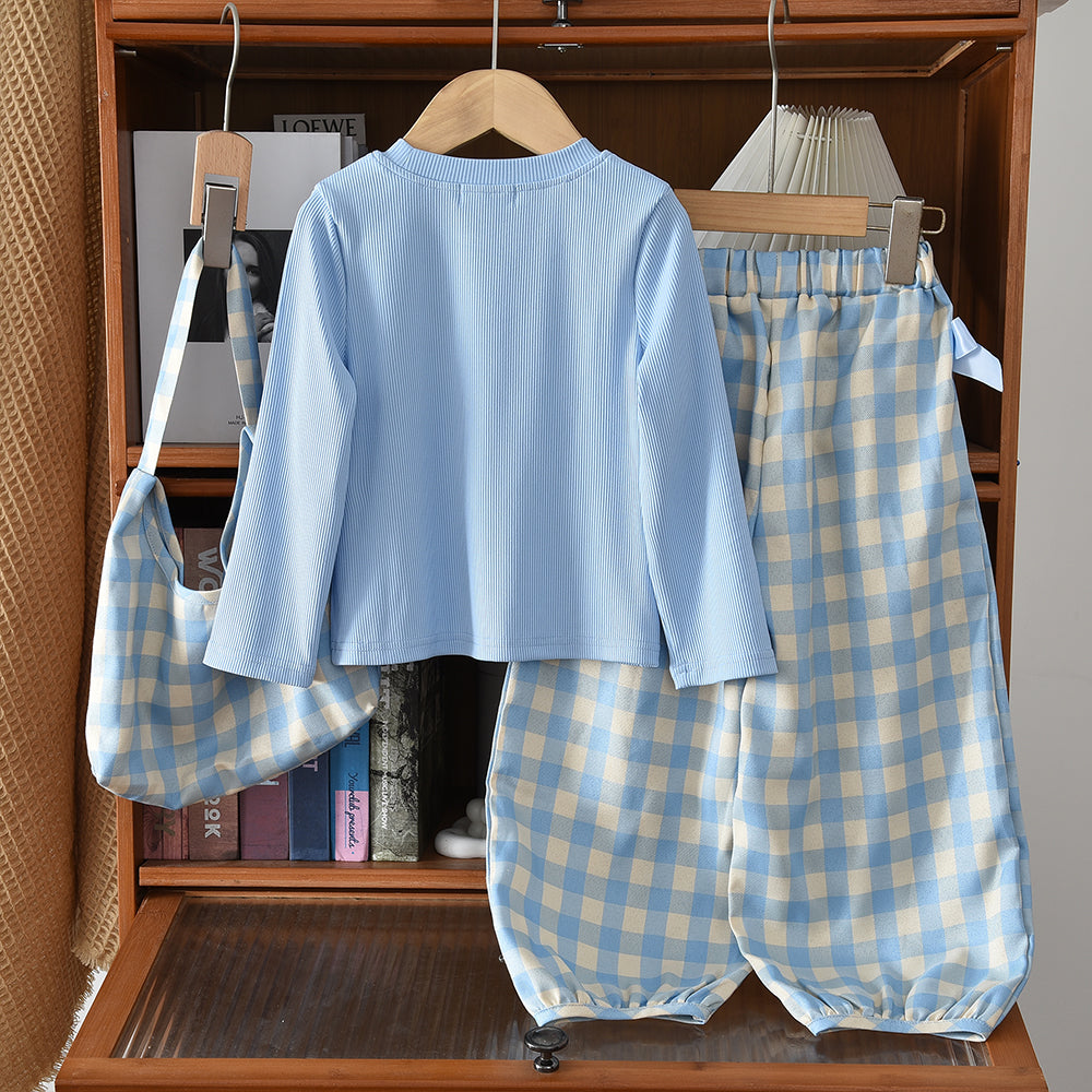 Girls' Long Sleeve T-shirt Plaid Lantern Pants+Free Bag 3pcs Set