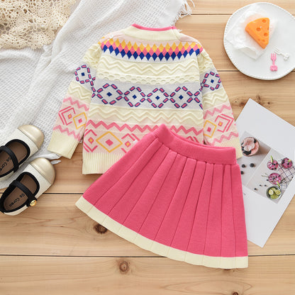 Girls' Colorful Geometry Pattern Knitted Top+Skirt Sweater Set
