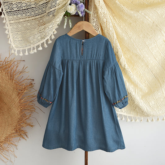 Girls' Long Sleeve Jean Blue Floral Embroidery Dress