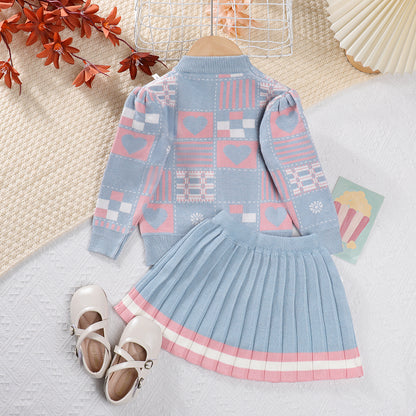 Girls' Geometric Patterns Knitted Suit Sweater Set