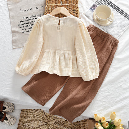 Ethnic Style Stripes Shirt+Cozy Pants 2pcs Pure Cotton Girls' Casual Set