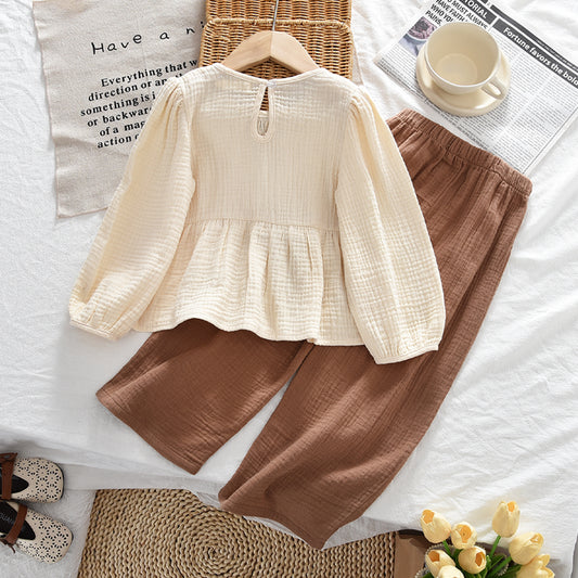 Ethnic Style Stripes Shirt+Cozy Pants 2pcs Pure Cotton Girls' Casual Set