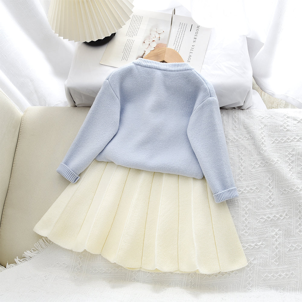 Girls' Lace Flowers Knitted Cardigan+Skirt 2pcs Set