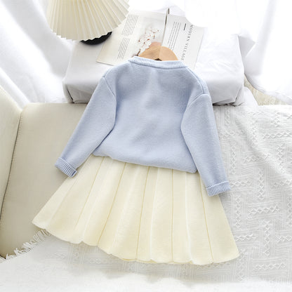 Girls' Lace Flowers Knitted Cardigan+Skirt 2pcs Set