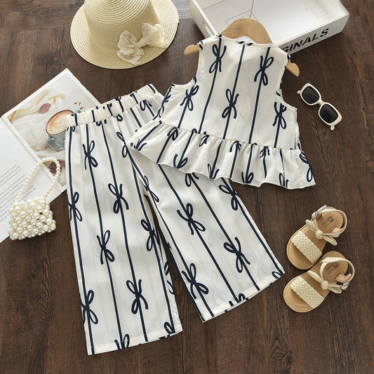 Girls' Bow-knot Printing Trouser Set