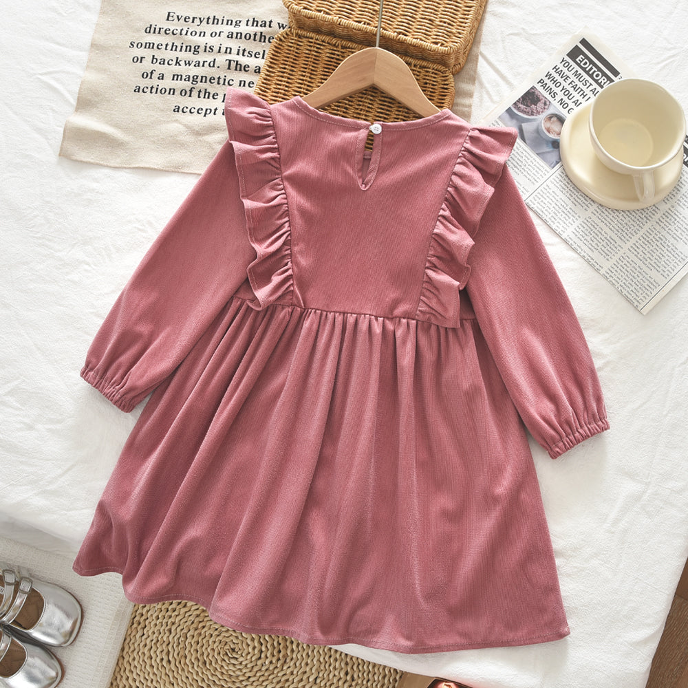 Long Sleeve Ruffle Girls' Dress Pink Casual Outfit