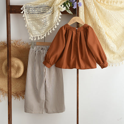 Girls' Blouse+Stripes Trousers 2pcs Set