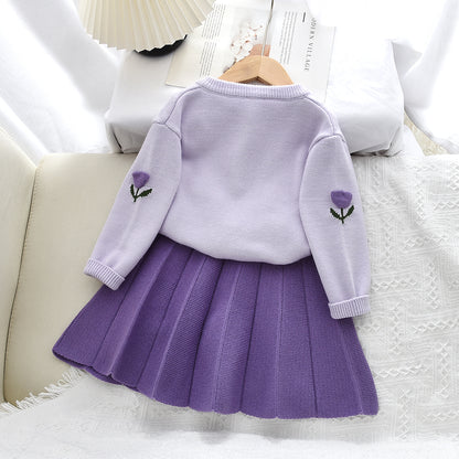 Girls' Tulip Knitted Cardigan+Pleated Skirt 2pcs Set