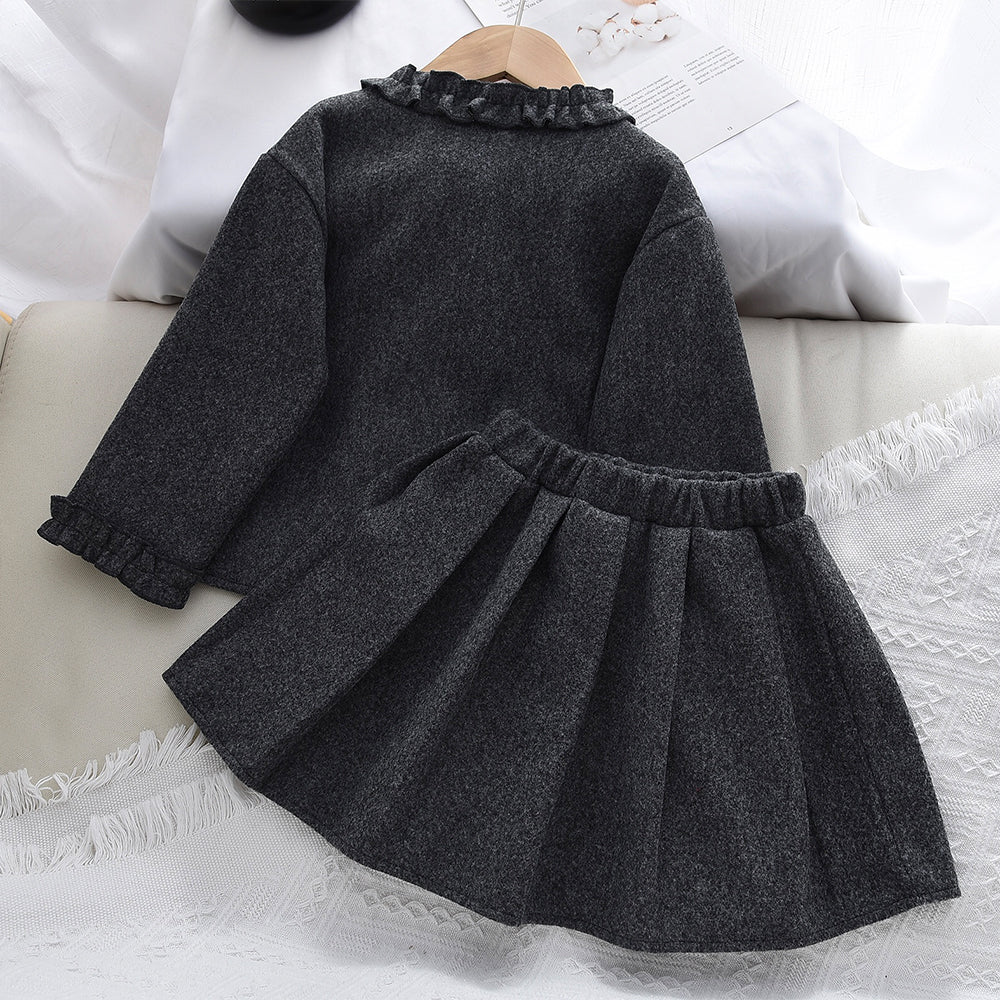 Girls' Pockets Ruffle Coat+Skirt 2pcs Vintage Set