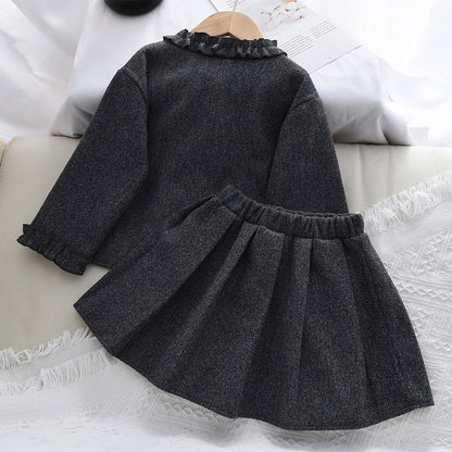 Girls' Pockets Ruffle Coat+Skirt 2pcs Vintage Set