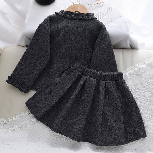 Girls' Pockets Ruffle Coat+Skirt 2pcs Vintage Set