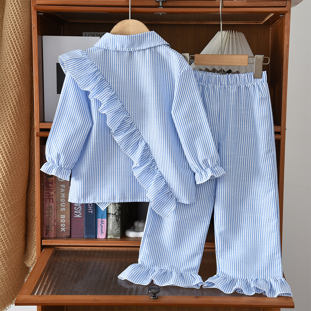 Ruffle Long Sleeve Stripes Shirt+Trousers 2pcs Fashion Girls' Clothes