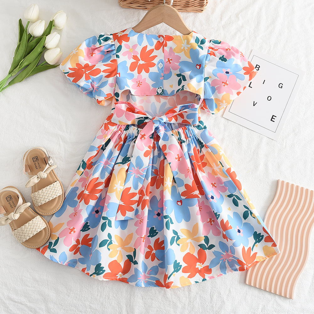 Girls' Flowers Printing Cutout Casual Dress
