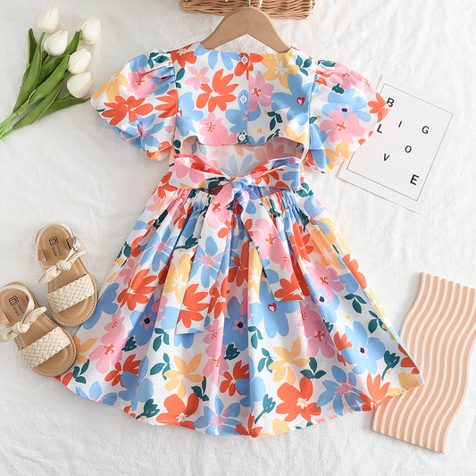 Girls' Flowers Printing Cutout Casual Dress
