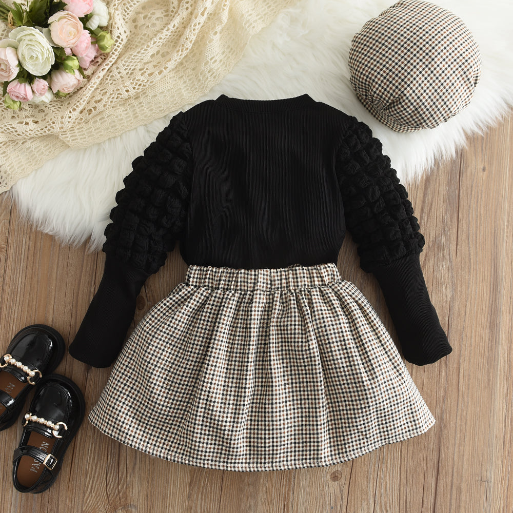 Girls' Puff Sleeve T-shirt+Skirt+Free Hat 3pcs Set