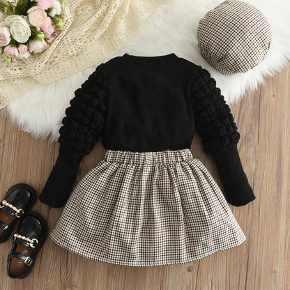 Girls' Puff Sleeve T-shirt+Skirt+Free Hat 3pcs Set