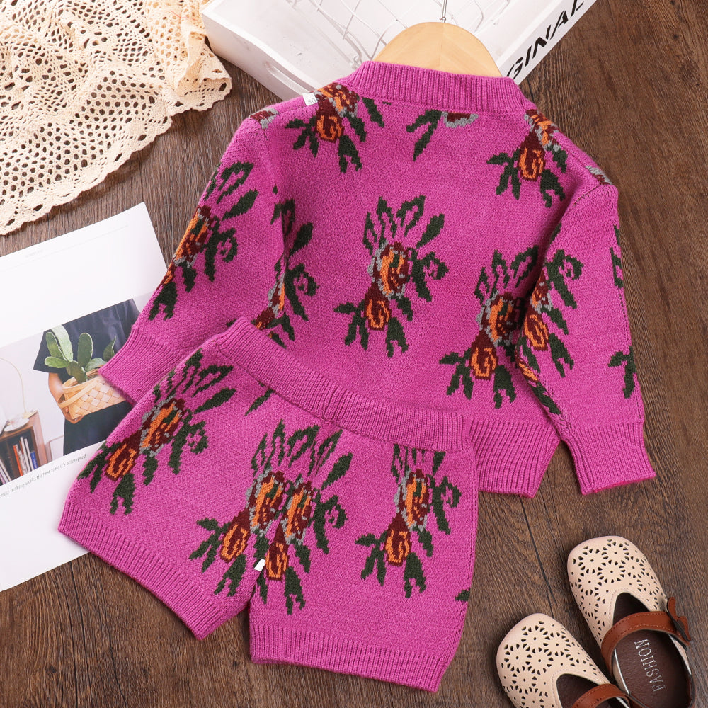 Girls' Ethnic Style Pattern Cardigan+Shorts Knitted Sweater Set