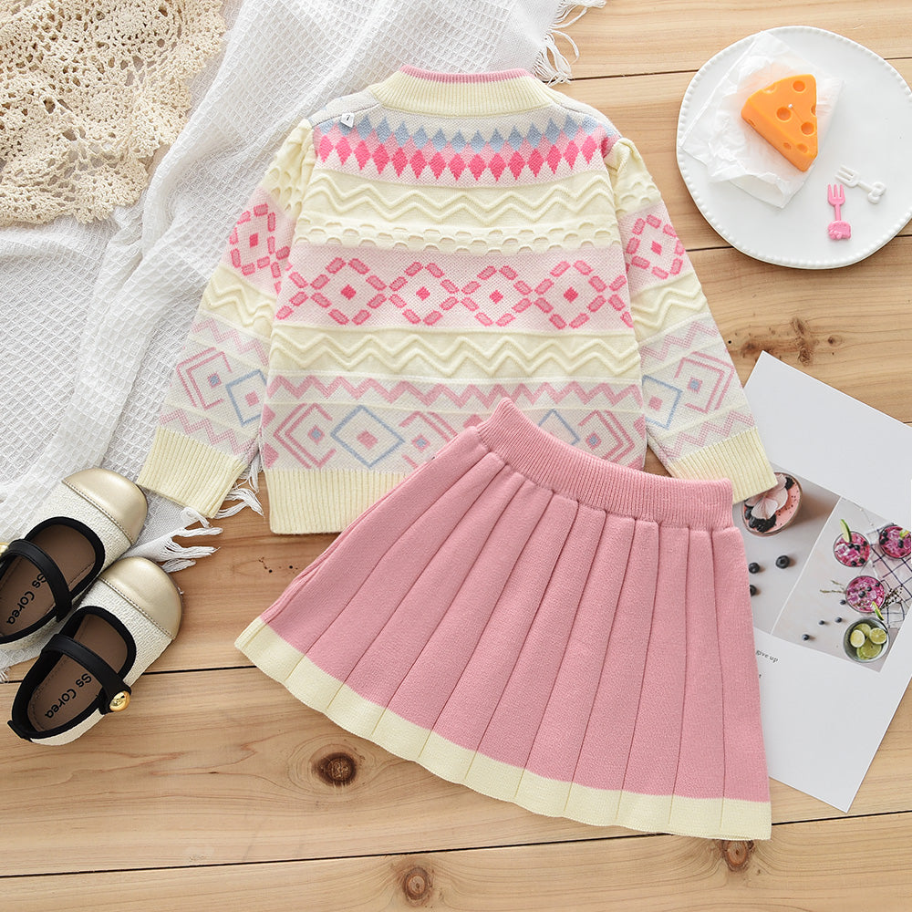Girls' Colorful Geometry Pattern Knitted Top+Skirt Sweater Set