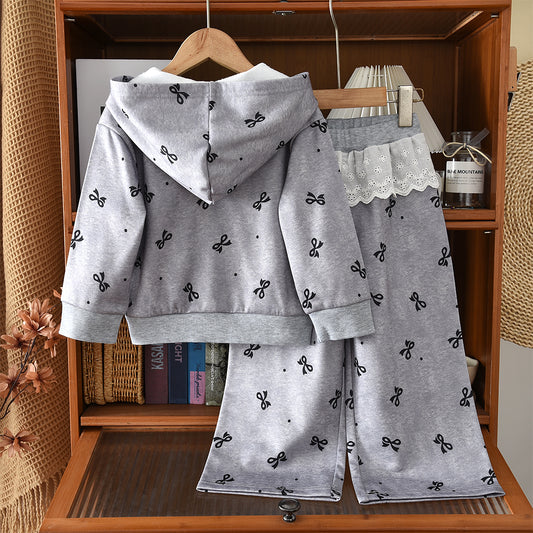 Girls' Bow-knot Printing Sweatshirt Hooded Set