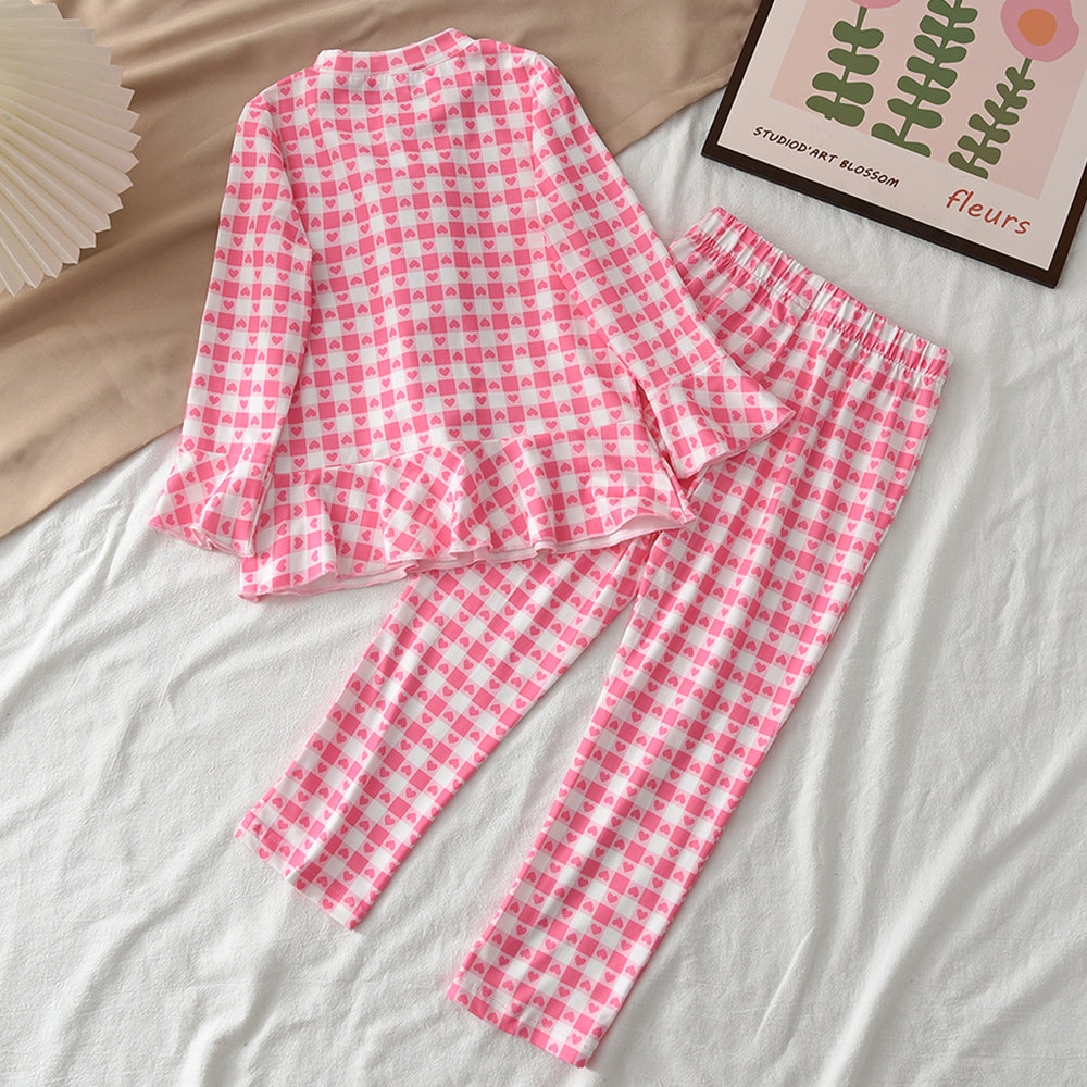 Girls' Cartoon Heart Plaid Rose Pajamas Set