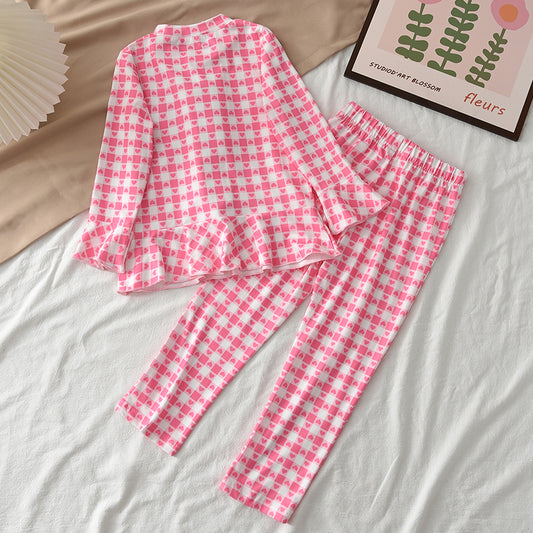 Girls' Cartoon Heart Plaid Rose Pajamas Set